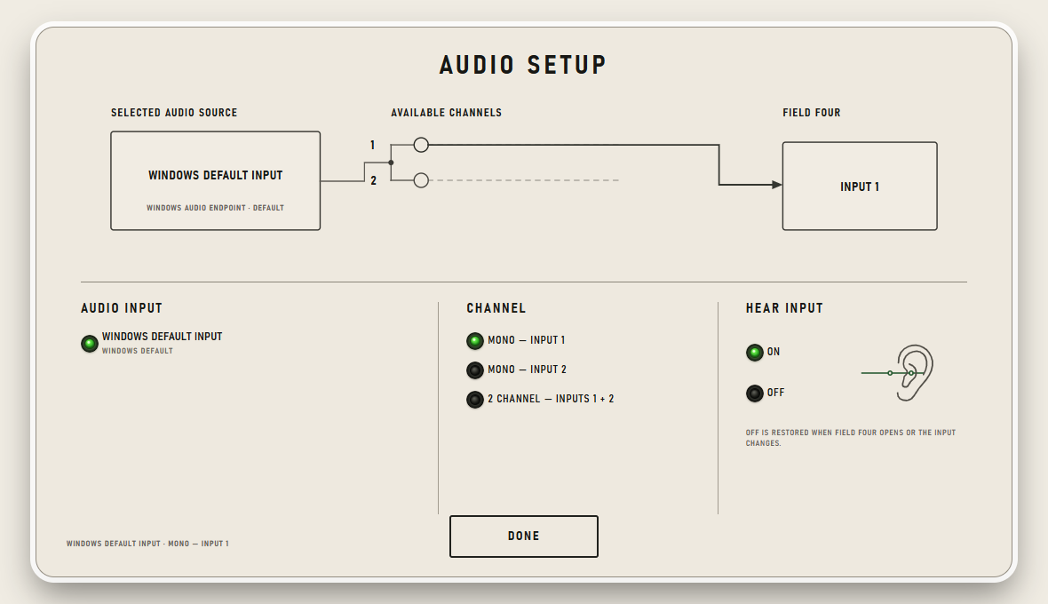 Audio Setup with one hardware input, Mono Input 1 and Hear Input On selected.